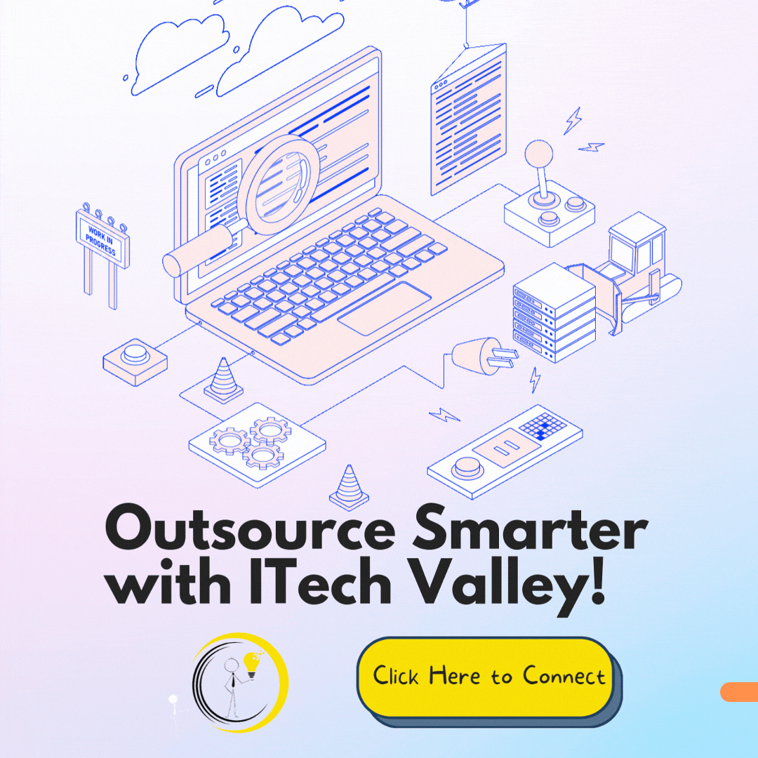 Outsource smarter with ITech Valley - Animated illustration of a laptop, IT tools, and servers representing professional outsourcing services. Click to connect.